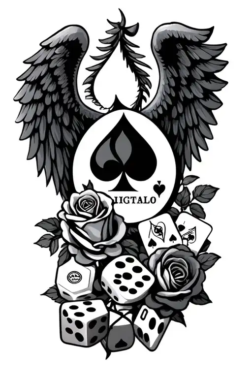 Family names with roses and a joker with dices. angel wings and a ace of spade logo.  tattoo design idea