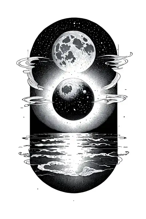 draw me the lunar cycle as a high background, a sun as a low background, the center of the drawing free for a writing tattoo design idea