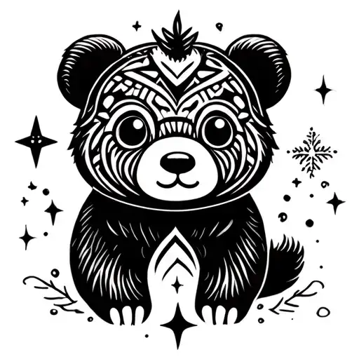 cute bear cub and north star tattoo design idea