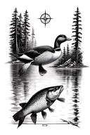 compass top half duck hunting bottom half fishing tattoo design idea