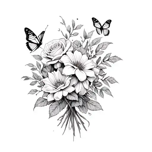 create a simple tattoo for my ribs of a boquet of flowers with lakepur, roses, waterlilys, butterflies, and roses tattoo design idea