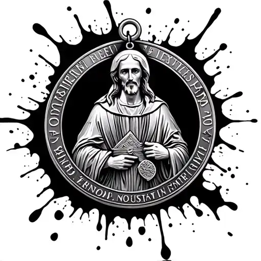 saint Benedict medal splatter tattoo design idea