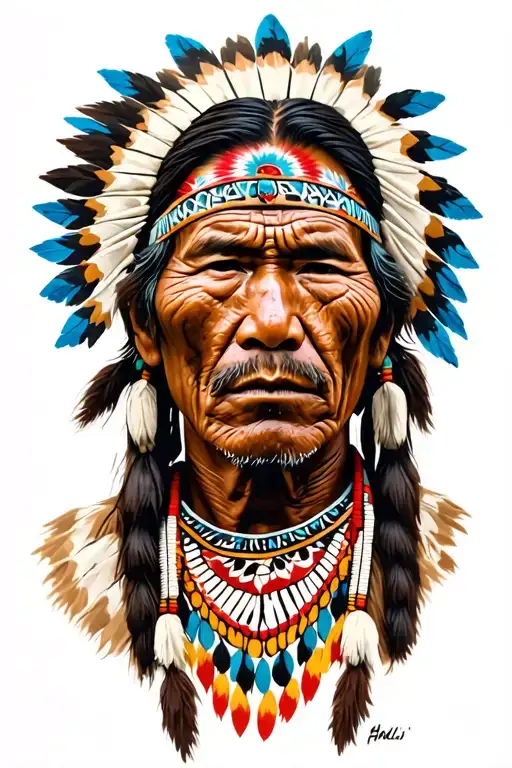 eve American Indian man (Hala y) with wrinkles and on his face symbols of their cultures tattoo design idea