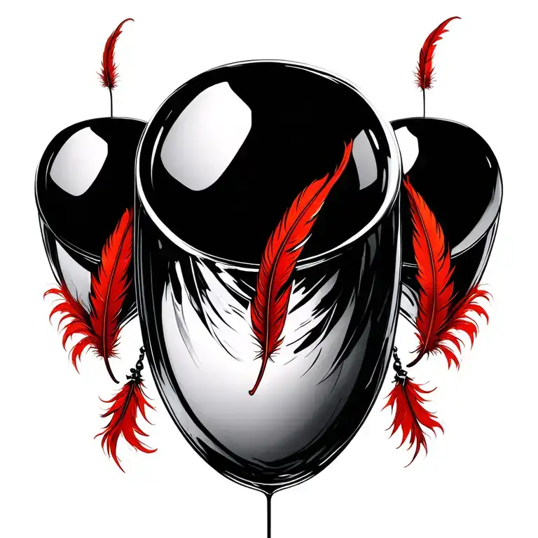 3 black glass peices and 3 red feathers going in cyrcles drawn style tattoo design idea