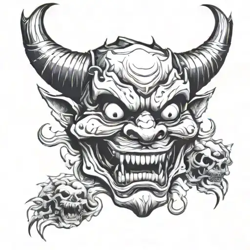 Demonic menacing scary japanese hannya in skull style face in black and white laughing  tattoo design idea