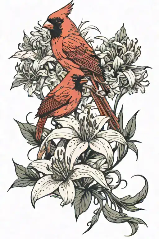 red cardinal and spider lilies tattoo design idea