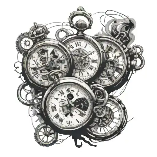 Drawing two pocket watches, one with hands pointing to 00:49 and Gwendoline's mark, and the other 3:01 and Gregory's mark. tattoo design idea