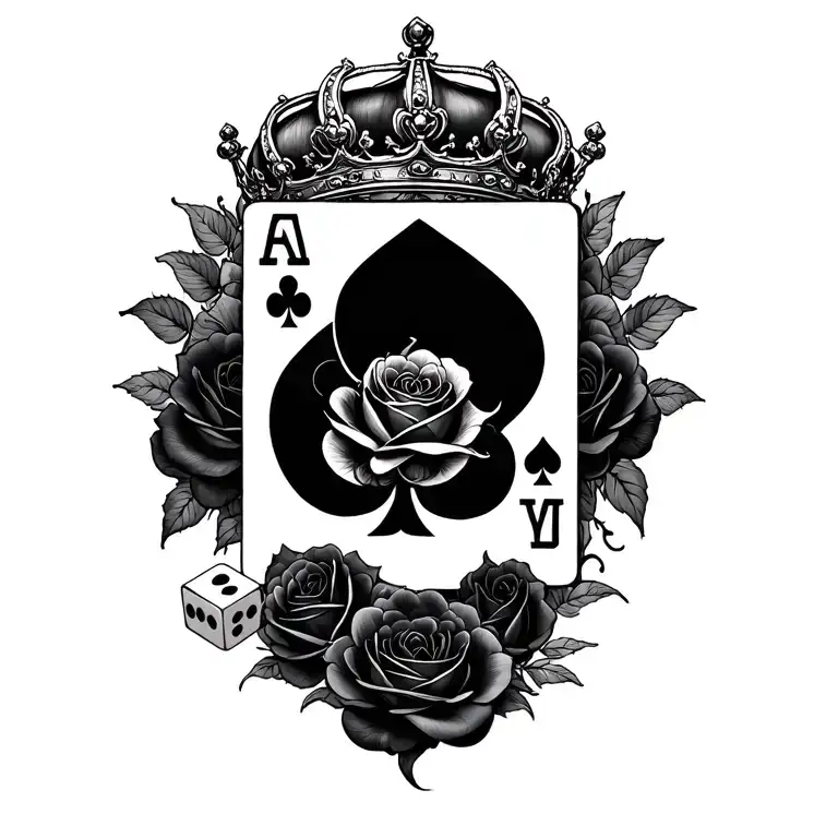 Royal crown, black roses, playing cards and dice intertwined tattoo design idea