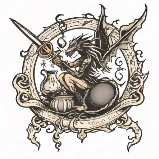 witches broom, crescent moon, dragon, runes, books tattoo design idea