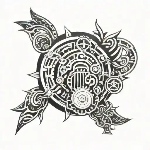 Outline of a car engine filled in with Polynesian tribal patterns tattoo design idea