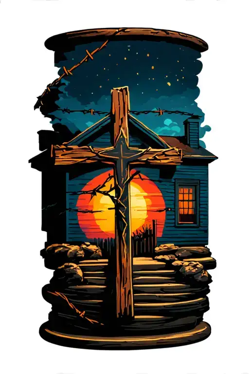 house of rising sun with a cross in front with barbed wire spool on it tattoo design idea