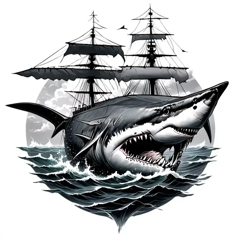 ship Poseidon shark swimming tattoo design idea