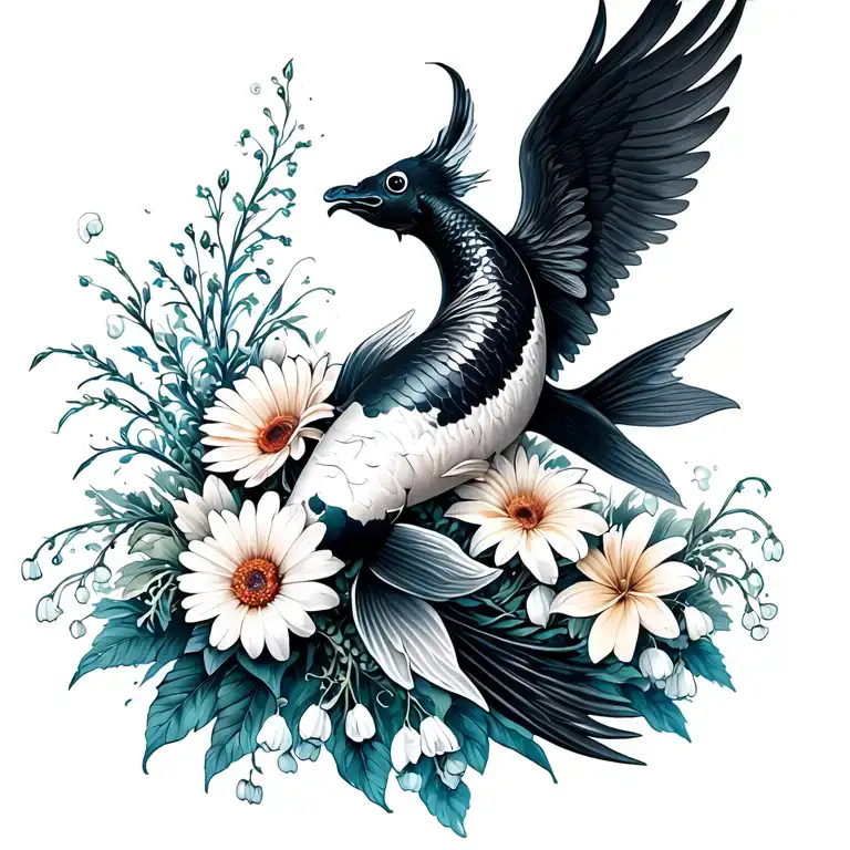 schlängelnder out of water black white koi with phoenix wings, bouquet with an aster, a daisy, a lily of the valley tattoo design idea