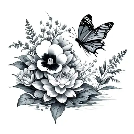Pisces glyph with water lily, pansy, carnation, and Heather flowers and butterfly tattoo design idea
