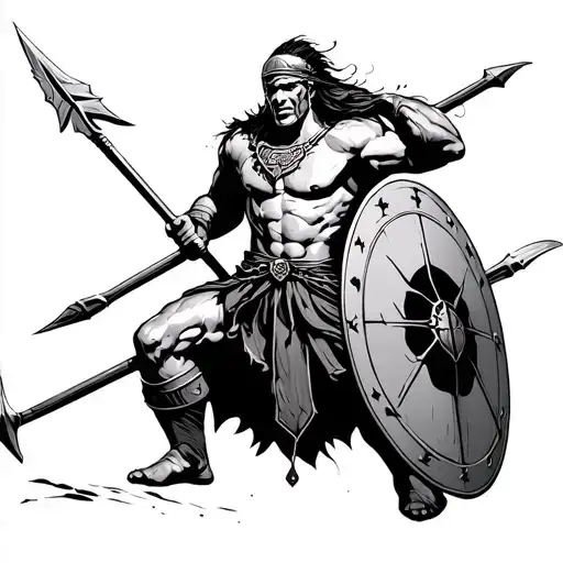 Spartan warrior with spear and shield,  black and white, plain white background, mid jump-attack with big hot ttiddies tattoo design idea