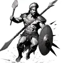 Spartan warrior with spear and shield,  black and white, plain white background, mid jump-attack with big hot ttiddies tattoo design idea