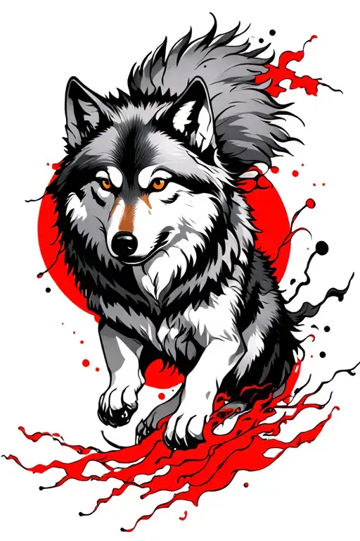 wolf in a masculine style in all black/white/grey long and leaping, no background, in an artistic somewhat modern style tattoo design idea