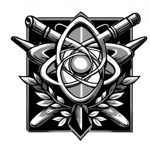 cross cannons, with an atom in the center and olive branches below them tattoo design idea