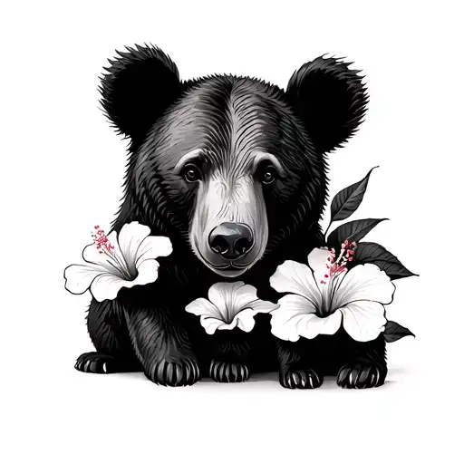 mama bear and two cubs with hibiscus flowers tattoo design idea