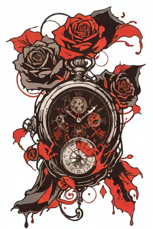 heart pocket watch with roses tattoo design idea