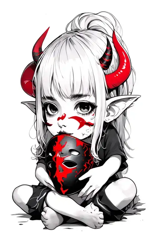 For little girl oni oni with red horns and lips white hair holding a broken mask tattoo design idea