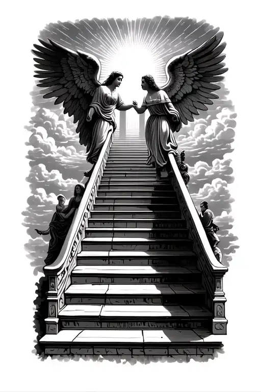 stairway to heaven walking up stairs angels sun rays clouds heaven gate at the top of the stairs  tattoo design idea