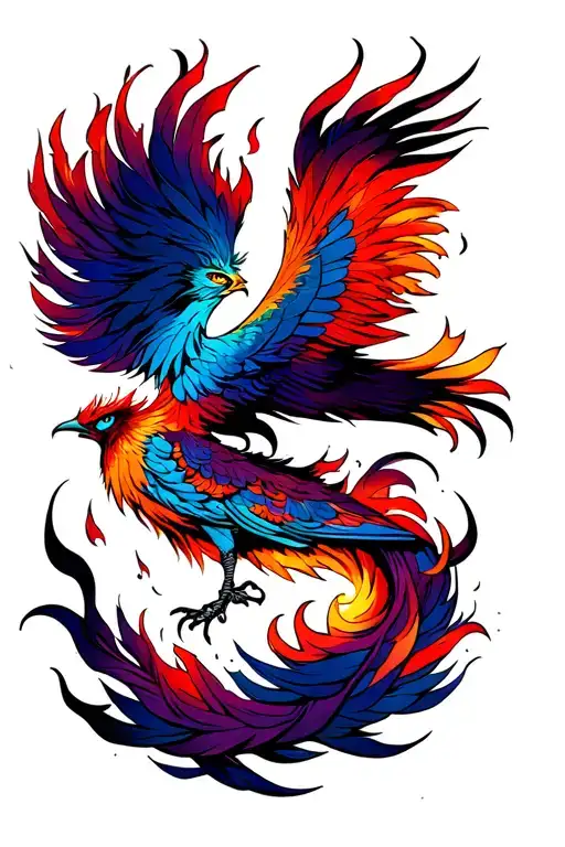 Phoenix bird wrapping my arm and rising with feathers falling, ombre colors red orange purple blue, intense eyes, flames tattoo design idea