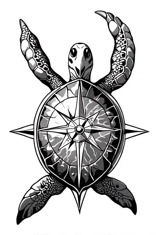 Ocean, mountains, compass rose, cancer zodiac sign, sea turtle tattoo design idea