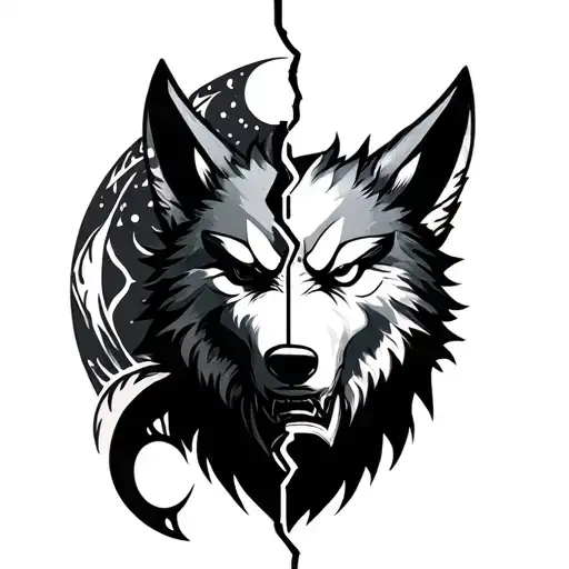 Oni mask split in half wolf face moon tattoo design idea