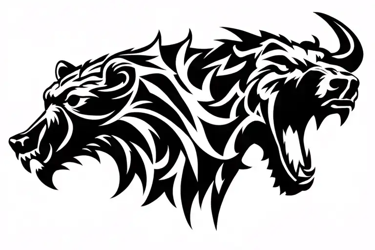 Roaring bear head facing a ramming bull head sillouette tattoo design idea