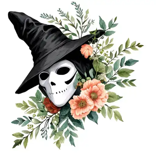 plague doctor mask and florals and greenery leaves and branches with muted colors, make the greenery part of the outfit  tattoo design idea