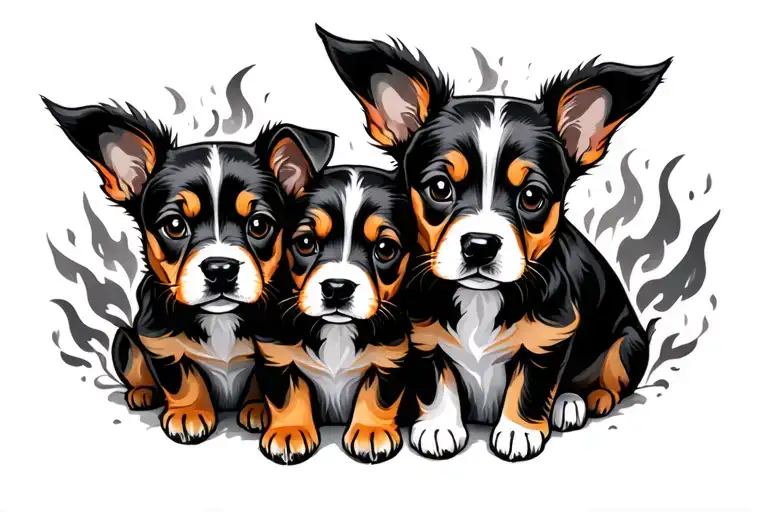 family of 2 adults and 3 face on fire puppies tattoo design idea