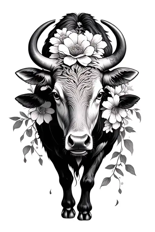 japanese ox and flowers surrounding tattoo design idea