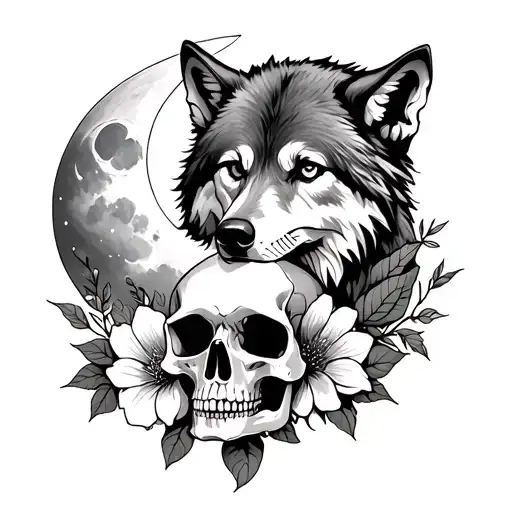 wolf, moon, flower and skull tattoo design idea