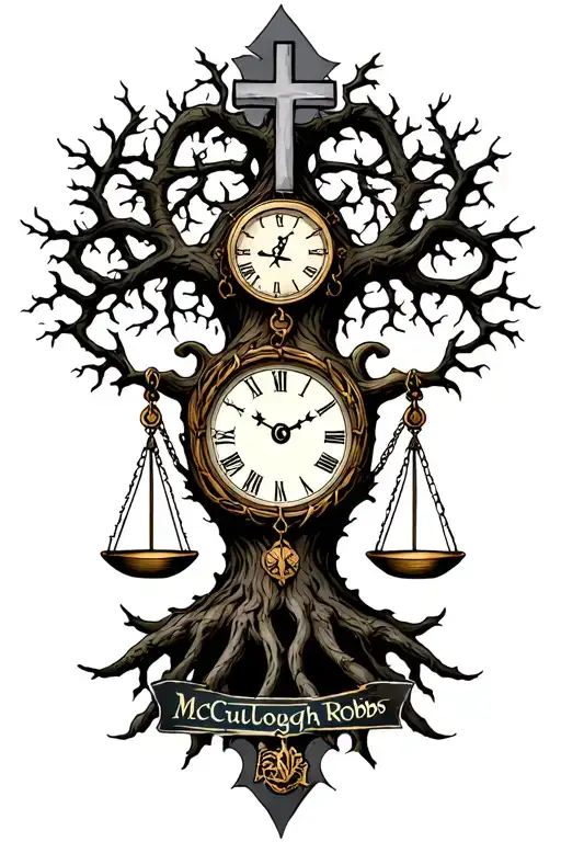 "McCullough  Robbs " "McCullough  Robbs " gothic tree of life intertwined with cross, libra scales and a clock  tattoo design idea