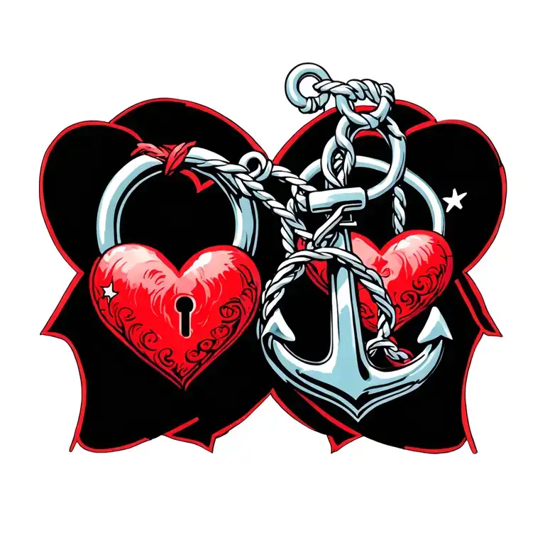 heartshape lock and anchor connected no color with background tattoo design idea