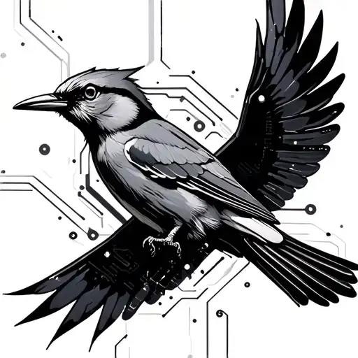 cyberpunk mockingbird in flight with circuits  tattoo design idea