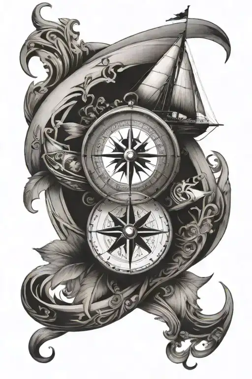 compass and boat sailing tattoo design idea