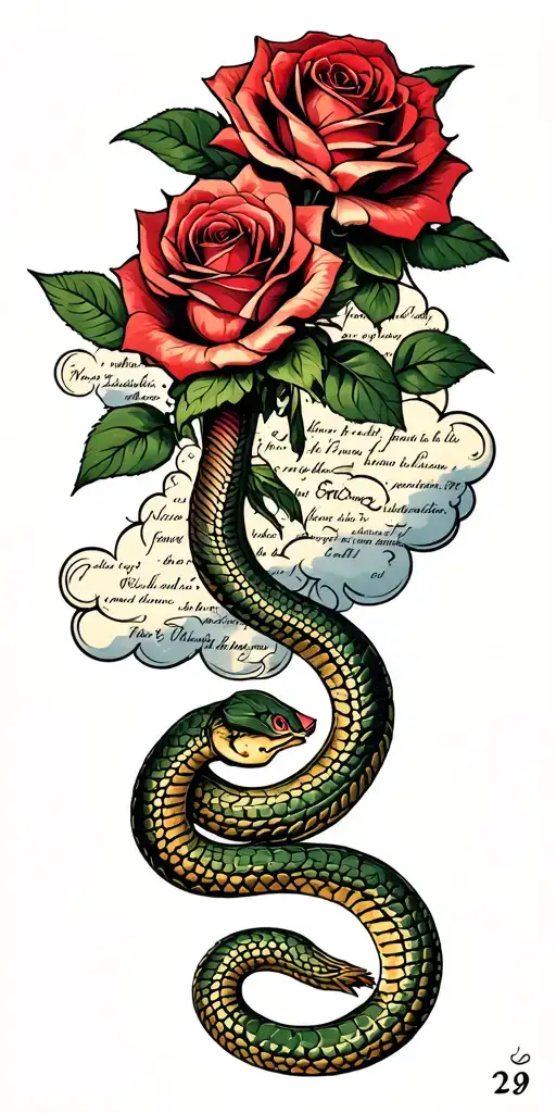 roses with snakes with Bible verses in clouds with the number 29 tattoo design idea
