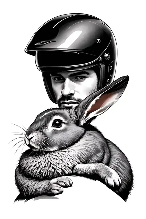 A handsome man wearing a motorcycle helmet and hugging a rabbit. tattoo design idea