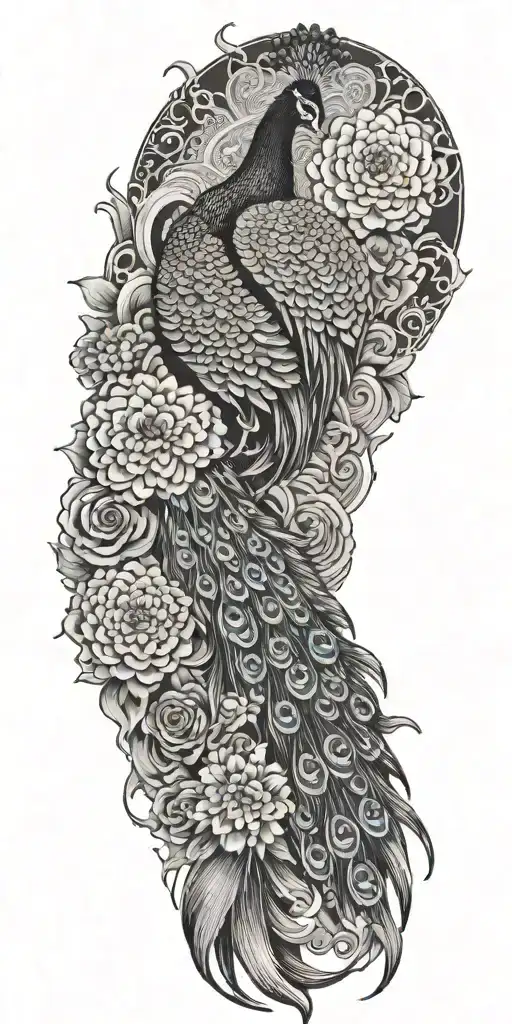 male peacock and chrysanthemum flowers japanese style around the arm tattoo design idea