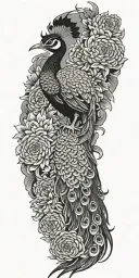 male peacock and chrysanthemum flowers japanese style around the arm tattoo design idea
