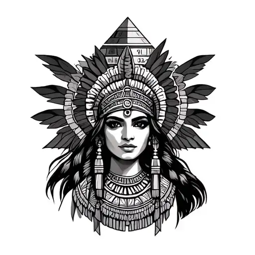 old school Aztec Princess with pyramid background and Aztec calendar  tattoo design idea