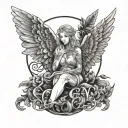 Sleep token take me back to eden angel creature in front of take me back to eden album cover, sleep token logo above tattoo design idea