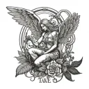 Sleep token take me back to eden angel creature in front of take me back to eden album cover, sleep token logo above tattoo design idea
