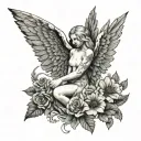 Sleep token take me back to eden angel creature in front of take me back to eden album cover, sleep token logo above tattoo design idea