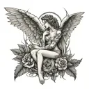 Sleep token take me back to eden angel creature in front of take me back to eden album cover, sleep token logo above tattoo design idea