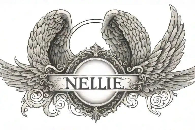 wings surrounding the word Nellie with a heaven halo above and Roman numerals spelling the death date  tattoo design idea