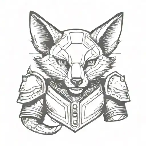 anthropomorphic fox in a suit of armour. include appealing extra details. black and grey tattoo. tattoo design idea