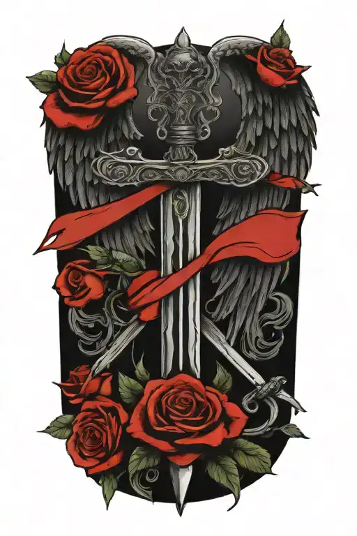 angel wings behind sword, roses tattoo design idea